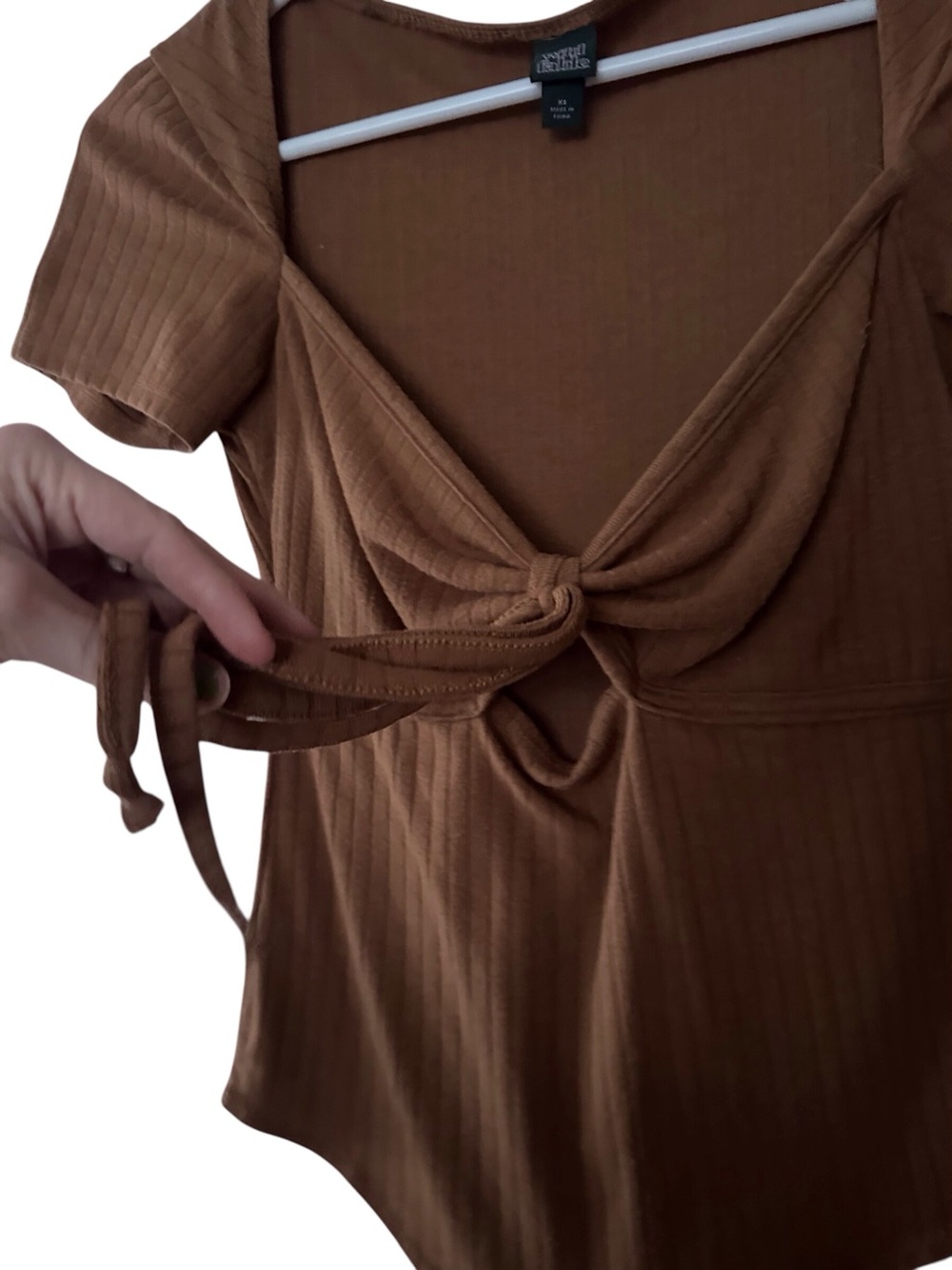 wild fable Brown Ribbed Tie-Front Short Sleeve Bodysuit